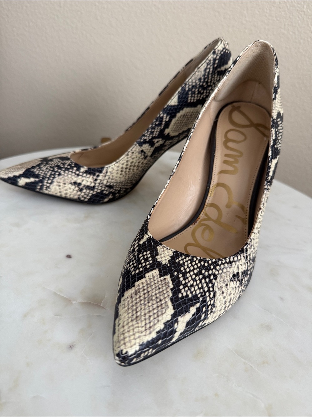 Sam Edelman Black & Cream Snake-Print Pointed Pumps